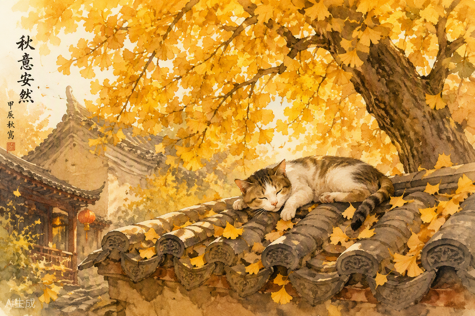 水彩画：秋屋顶上的猫